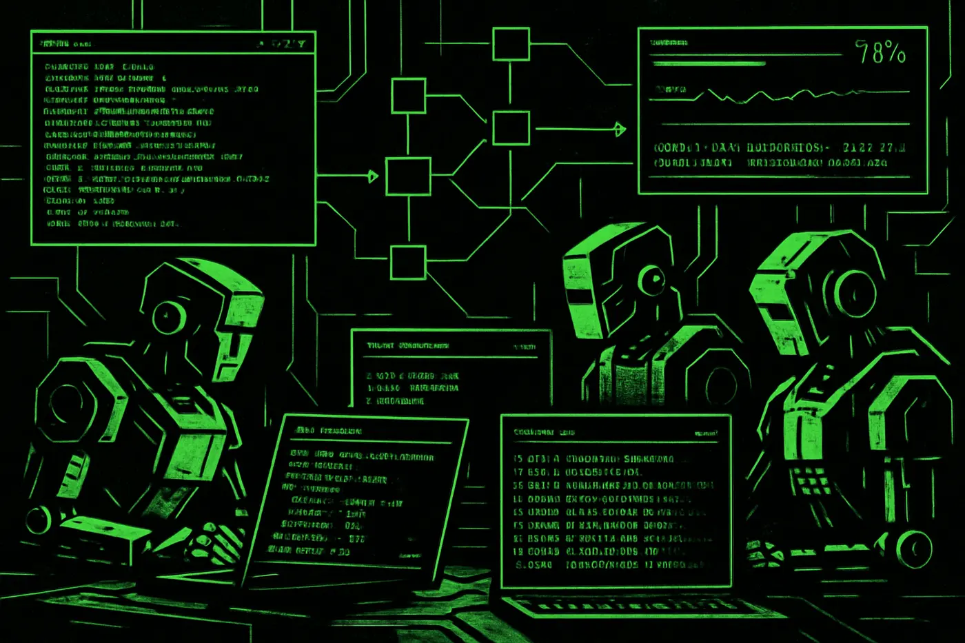 Centro de control operativo de IA con pantallas de workflow